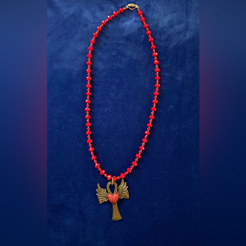 Red Beaded Heart Pendant Necklace - Unbranded